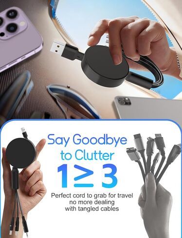 Multi Charging Cable 3 in 1 Retractable Car Charger Cord with Upgraded L+Dual USB-C Connector for iPhone 17 16 15 14 Pro Max/Samsung Galaxy S25/PS5, All Type-C Devices in Saudi Arabia