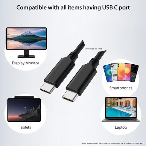 Durable 5ft USB-C to USB-C Cable, 3.2 Gen 1, 100W Fast Charging, 5Gbps Data Transfer, Compatible with MacBook, Samsung, iPad, iPhone & 16, Type C Charger, Fast Charger USB C, Black PVC, Travel USB-C. in Saudi Arabia
