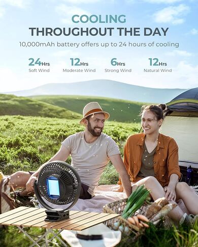 Xasla 10000mAh Portable Clip on Fan, 8 inch, Rechargeable Battery, Black | 24 Hours Work Time, 4 Speeds, Ideal USB Fan for Golf Cart, Outdoor Camping, Travel, Home, Office, Treadmill in Kuwait