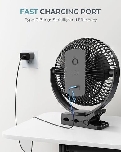 Xasla 10000mAh Portable Clip on Fan, 8 inch, Rechargeable Battery, Black | 24 Hours Work Time, 4 Speeds, Ideal USB Fan for Golf Cart, Outdoor Camping, Travel, Home, Office, Treadmill in Kuwait