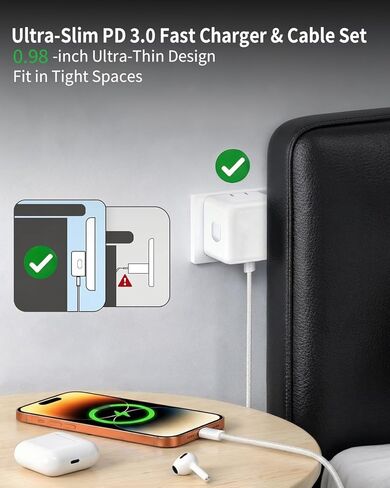 40W-60W Dynamic USB C Wall Charger for Apple iPhone 17 16 15 Pro Max, Foldable Fast Power Adapter Compatible with MacBook Air, iPad, Samsung S25, with 5FT Braided USB-C Cable, Withe in Kuwait