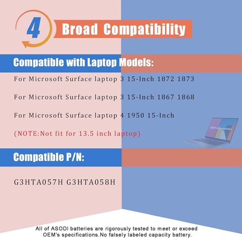 بطارية كمبيوتر محمول ASODI G3HTA057H G3HTA058H 45.8Wh متوافقة مع بطارية Microsoft Surface Laptop 3 مقاس 15 بوصة طراز 1873 1872 Series 7.58V 6041mAh (ليست لبطارية الكمبيوتر المحمول Surface Laptop 3 مقاس 13.5 بوصة) in Kuwait