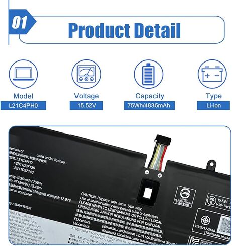 75Wh L21C4PH0 Laptop Battery Replacement for Lenovo IdeaPad Yoga 9-14IAP7 Type 82LU Yoga 9-14IRP8 Type 83B1 Series L21B4PH0 L21D4PH0 SB11D97136 5B11D97137 5B11D97146 SB11D97147 15.52V 4835mAh in Saudi Arabia