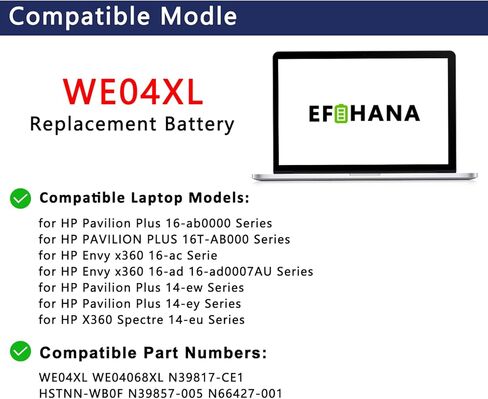 WE04XL استبدال بطارية HP Envy X360 16-AC 16-AD 2-in-1 Spectre X360 14-EU 2-in-1 Pavilion Plus 16-AB 16T-AB 14-ey 14-ew Series HSTNN-WB0F N39817-CF1 N66427-001 N39857-005 7.72 فولت 68 وات في الساعة in Kuwait