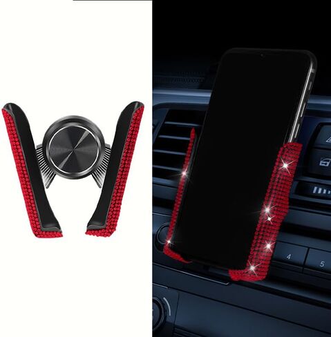 1pc Car Phone Holder with Artificial Diamond, Car-Mounted Phone Holder, Cute Dual-Function Air Outlet Car-Mounted Holder, Red Rhinestone in Saudi Arabia