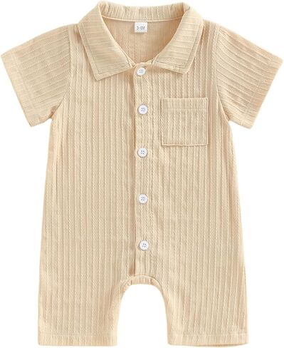 Balaflyie Baby Boy Short Romper Summer Button Down Collared Shirt Jumpsuit | Infant Cotton One-Piece, Cool&Light Weight Fabric, Ideas for Hot Summer Days, Little Gentleman Outfit For Toddler Boy in Saudi Arabia