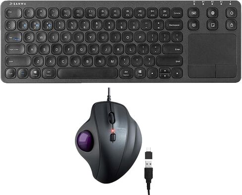 SANWA TB128V Wired Trackball Mouse + GSKB066 Bluetooth Keyboard with Touchpad Set, Silent Click Roller Ball Mice, Multi Device Trackpad Keyboard, Compatible with Mac, Laptop, PC, Windows, macOS in Saudi Arabia