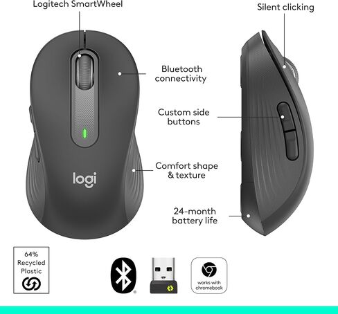 ماوس لاسلكي من لوجيتك Signature M650 - للأيدي الصغيرة والمتوسطة، بطارية لمدة عامين، نقرات صامتة، أزرار جانبية قابلة للتخصيص، بلوتوث، لأجهزة الكمبيوتر/Mac/Multi Device/Chromebook - جرافيت in Saudi Arabia