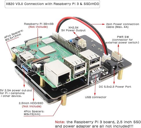 لوحة توسيع تخزين Geekworm X820 V3.0 2.5 بوصة SATA HDD/SSD، وحدة القرص الصلب المحمول USB 3.0 لـ Raspberry Pi 3 B+/3B&2.5 بوصة SATA HDD/SSD in Kuwait
