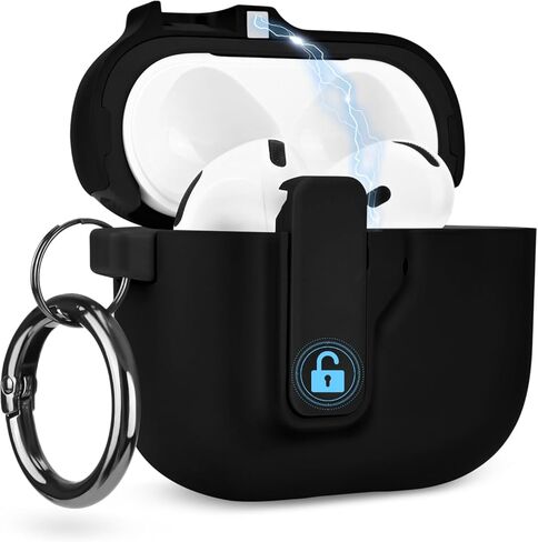 حافظة AirPods 4 مع قفل أمان، حافظة صلبة لطيفة من مادة TPU الناعمة والصلبة من البولي كربونات مع سلسلة مفاتيح للنساء والفتيات والرجال، غطاء حماية كامل مقاوم للصدمات لسماعات AirPods الجيل الرابع - أسود in Saudi Arabia
