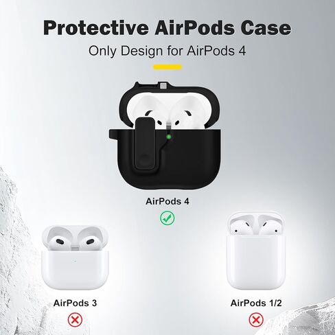 حافظة AirPods 4 مع قفل أمان، حافظة صلبة لطيفة من مادة TPU الناعمة والصلبة من البولي كربونات مع سلسلة مفاتيح للنساء والفتيات والرجال، غطاء حماية كامل مقاوم للصدمات لسماعات AirPods الجيل الرابع - أسود in Saudi Arabia