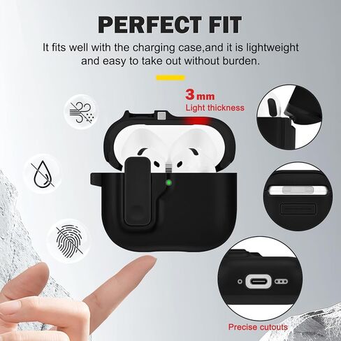 حافظة AirPods 4 مع قفل أمان، حافظة صلبة لطيفة من مادة TPU الناعمة والصلبة من البولي كربونات مع سلسلة مفاتيح للنساء والفتيات والرجال، غطاء حماية كامل مقاوم للصدمات لسماعات AirPods الجيل الرابع - أسود in Saudi Arabia