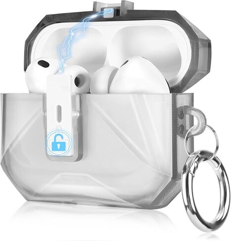 حافظة AirPods 4 مع قفل أمان، حافظة صلبة لطيفة من مادة TPU الناعمة والصلبة من البولي كربونات مع سلسلة مفاتيح للنساء والفتيات والرجال، غطاء حماية كامل مقاوم للصدمات لسماعات AirPods الجيل الرابع - أسود in Saudi Arabia