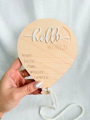 زينة خشبية لإعلان حديثي الولادة، لافتة بالون Hello World مع حبل معلق، تفاصيل الميلاد تذكار خشبي، ديكور الحضانة، دعامة صورة المستشفى in Kuwait
