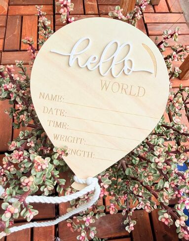 زينة خشبية لإعلان حديثي الولادة، لافتة بالون Hello World مع حبل معلق، تفاصيل الميلاد تذكار خشبي، ديكور الحضانة، دعامة صورة المستشفى in Kuwait