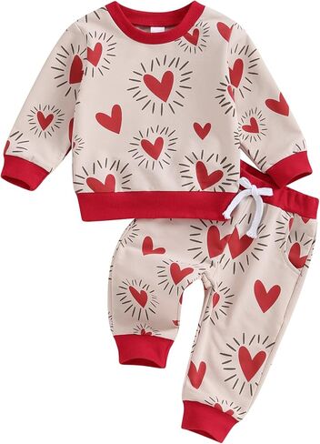 My First Valentines Day Baby Girl Boy 2Pcs Outfit Red Heartbeat Pant Set Sweatshirt Trouser Toddler Winter Clothes (Red Heart Khaki, 0-6 Months) in Saudi Arabia
