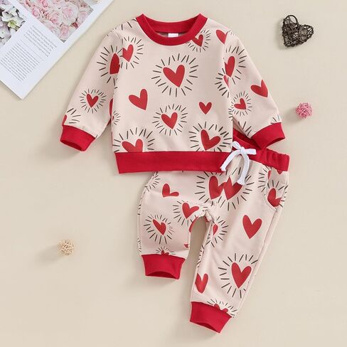 My First Valentines Day Baby Girl Boy 2Pcs Outfit Red Heartbeat Pant Set Sweatshirt Trouser Toddler Winter Clothes (Red Heart Khaki, 0-6 Months) in Saudi Arabia