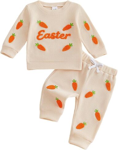 Toddler Baby Easter Outfit Little Boy Girl Bunny Long Sleeve Crewneck Sweatshirt Pants Set Kid Spring Waffle Clothes in Saudi Arabia