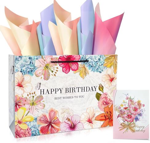 Kecorax Happy Birthday 14" Large Gift Bag for Women with Gradient Tissue Papers and Card, Beautiful Floral Design with Handles for Girls Birthday Party in Saudi Arabia