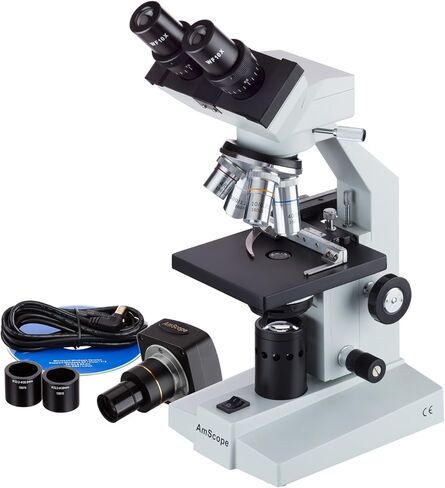AmScope - مجهر ثنائي العينين 40X-2000X + كاميرا رقمية 1.3 ميجابكسل + مسرح ميكانيكي in Saudi Arabia