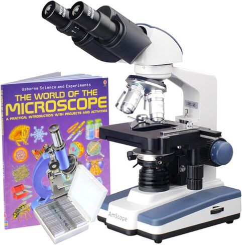 AmScope 40X-2500X LED Lab Binocular Compound Microscope + Book + 25 Prepared Slides in Saudi Arabia