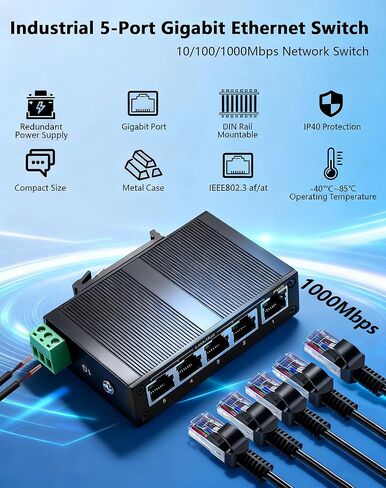 CERRXIAN Industrial 5-Port Gigabit Ethernet Switch,10/100/1000Mbps Network Switch, Din Rail & Wall Mountable, 10Gbps Switching Capacity in Saudi Arabia