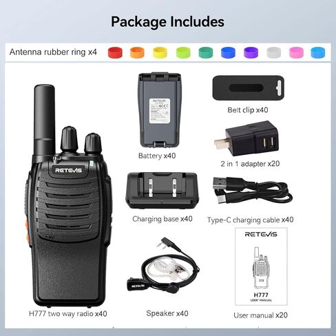 Retevis H-777 Walkie Talkies for Adults Two Way Radios Long Range with Headphones, 16 Channel Handheld 2 Way Radio Rechargeable with Flashlight Li-ion Battery and Type C Cable (40 Pack, Black) in Saudi Arabia