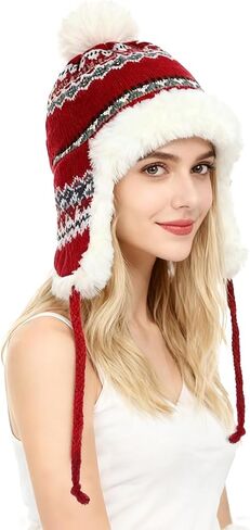 XGOPTS Women Winter Faux Fur Trapper Hat Warm Fleece Lined Beanie Cap Furry Pom Jacquard Knited Hats Knit Cossack Russian Hat in Saudi Arabia