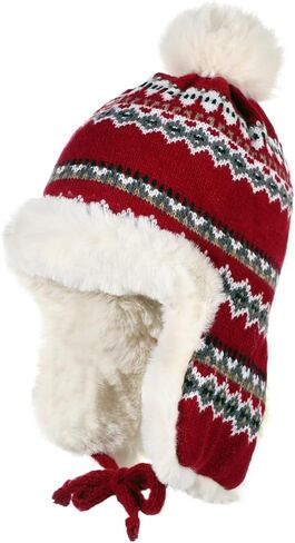 XGOPTS Women Winter Faux Fur Trapper Hat Warm Fleece Lined Beanie Cap Furry Pom Jacquard Knited Hats Knit Cossack Russian Hat in Saudi Arabia