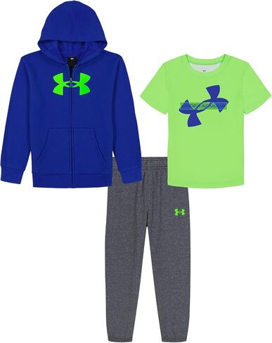 طقم صوف للأولاد من Under Armour مكون من 3 قطع، سويت شيرت بغطاء للرأس بسحاب كامل، بنطال رياضي، وتي شيرت بأكمام قصيرة، Royal Rival، 0/3M in Saudi Arabia