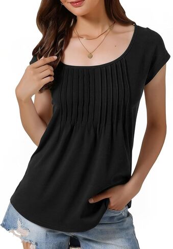 Allegra K Cap Sleeeve Pleated Tops for Women's Round Neck Flowy Summer Casual Blouse in Saudi Arabia