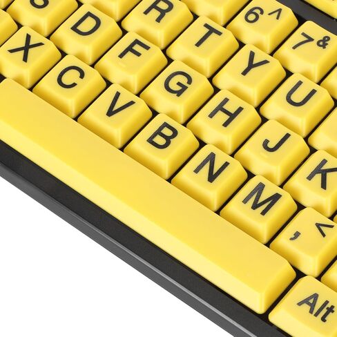 لوحة مفاتيح سلكية بإضاءة خلفية كبيرة من Denash، لوحة مفاتيح كاملة الحجم مكونة من 104 مفاتيح، لوحة مفاتيح كمبيوتر بأحرف مطبوعة كبيرة الحجم لكبار السن وكبار السن والأطفال (أصفر + أسود) in Kuwait