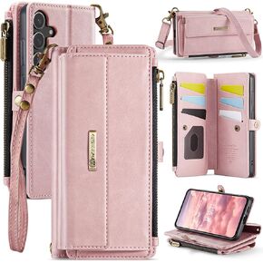 حافظة محفظة متوافقة مع هاتف Samsung Galaxy S25 مع حامل بطاقات RFID وحزام كتف وحزام كتف من جلد البولي يوريثان المغناطيسي وسحاب قلاب مناسب لهاتف Samsung Galaxy S25 (أرجواني) in Kuwait