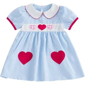 فستان عيد الحب للفتيات الصغيرات بأكمام قصيرة وياقة الدمية ومطرز على شكل قلب فستان كاجوال للأطفال الصغار in Kuwait