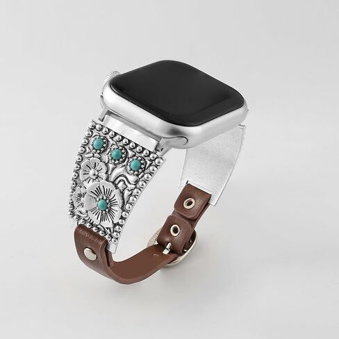 حزام جلدي متوافق مع حزام ساعة Apple للنساء 38/40/41/42/44/45/46/49 ملم، تصميم بوهيمي فيروزي غربي كلاسيكي عرقي مناسب لسلسلة iWatch 11 10 9 8 7 6 5 4 3 2 1 SE Ultra 2/1 in Kuwait