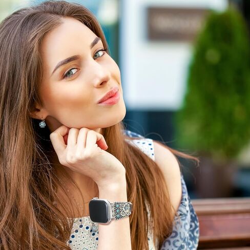 حزام جلدي متوافق مع حزام ساعة Apple للنساء 38/40/41/42/44/45/46/49 ملم، تصميم بوهيمي فيروزي غربي كلاسيكي عرقي مناسب لسلسلة iWatch 11 10 9 8 7 6 5 4 3 2 1 SE Ultra 2/1 in Kuwait