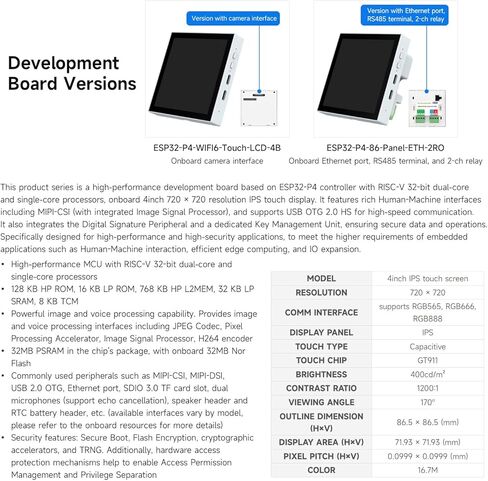 Waveshare ESP32-P4-WIFI6-Touch-LCD-4B(Support External Camera), ESP32-P4 Smart 86 Box, Dual-Core & Single-Core RISC-V, with 4inch 720x720 Pixel 5Point Touch LCD (Without Ethernet Port, RS485, Relays) in Saudi Arabia