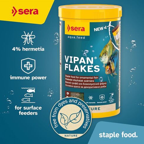 Sera vipan Nature Flake 0.8oz | طعام أساسي مميز للأسماك الزينة | وجبة الحشرات وتأثير ما قبل الحمل | خالية من الأصباغ والمواد الحافظة | مثالي لمغذيات السطح in Kuwait