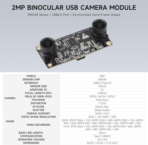 Waveshare AR0144 2MP Stereo USB Camera Module, AR0144 Sensor Chip, USB2.0 Port, Synchronized Same-Frame Output, 52mm Baseline, Featuring Distortion-Free Lenses in Saudi Arabia
