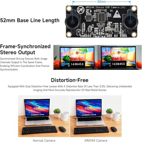 Waveshare AR0144 2MP Stereo USB Camera Module, AR0144 Sensor Chip, USB2.0 Port, Synchronized Same-Frame Output, 52mm Baseline, Featuring Distortion-Free Lenses in Saudi Arabia