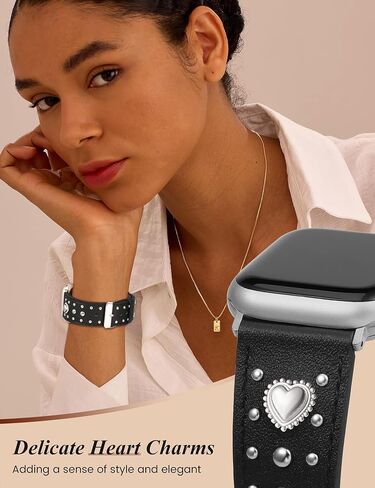 سوار جلدي من Wearlizer متوافق مع أحزمة ساعات Apple للنساء 42/46/38/40/41/44/45/49 مم، حزام مرصع بسحر القلب الجميل لسلسلة iWatch 11 10 9 8 7 6 5 4 SE/Ultra 3 2 1 in Saudi Arabia
