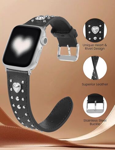 سوار جلدي من Wearlizer متوافق مع أحزمة ساعات Apple للنساء 42/46/38/40/41/44/45/49 مم، حزام مرصع بسحر القلب الجميل لسلسلة iWatch 11 10 9 8 7 6 5 4 SE/Ultra 3 2 1 in Saudi Arabia