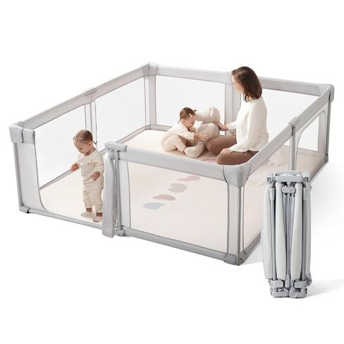 Baby Playpen Portable, Pre-Assembled Play Pen 71x79 Large Foldable Playpen for Babies and Toddlers, Sturdy and Safe Toddler Play Yard Indoor Outdoor with Carry Bag, Light Khaki in Kuwait