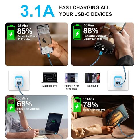 كابل VIFIGEN Car Carplay للشحن السريع 3FT/2 حزمة لهاتف iPhone 17/Air/17 Pro/17 Pro Max/16e/16 Pro/16 Pro Max/16 Plus/16/15/15 Pro/15 Pro Max، كابل شاحن USB من النوع C 3.1 أمبير سريع للسيارة in Saudi Arabia
