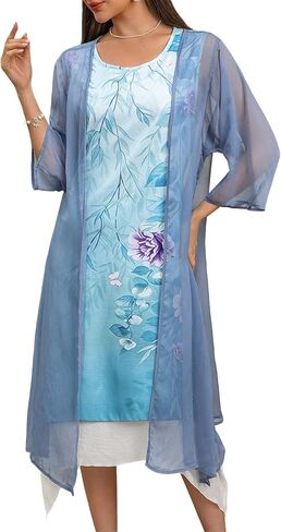 Honwenle Women's Linen Dress 2 Piece Outfit Floral Sleeveless Loose Maxi Summer Dresses with Jacket Formal Casual in Saudi Arabia