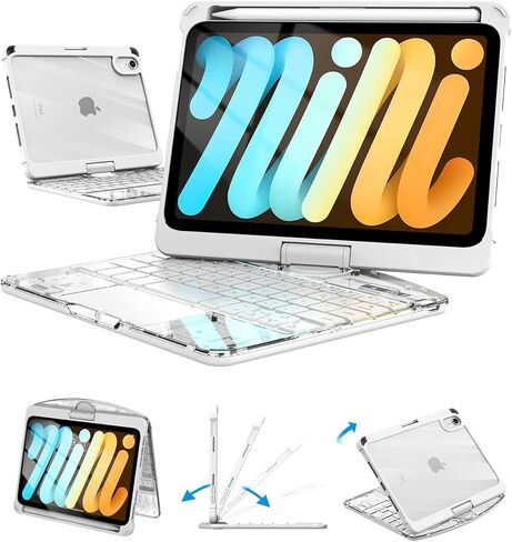 حافظة لوحة مفاتيح شفافة لجهاز iPad Mini 7 A17 Pro(2024) وMini 6 (2021) 8.3 بوصة، لوحة مفاتيح لاسلكية بإضاءة خلفية بـ 7 ألوان مع لوحة لمس، حامل دوار 360 درجة، حامل أقلام لجهاز iPad mini الجيل السابع/السادس، أبيض in Kuwait