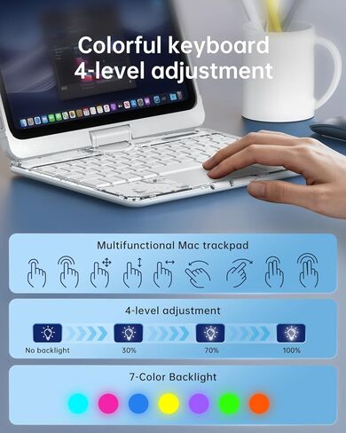 حافظة لوحة مفاتيح شفافة لجهاز iPad Mini 7 A17 Pro(2024) وMini 6 (2021) 8.3 بوصة، لوحة مفاتيح لاسلكية بإضاءة خلفية بـ 7 ألوان مع لوحة لمس، حامل دوار 360 درجة، حامل أقلام لجهاز iPad mini الجيل السابع/السادس، أبيض in Kuwait