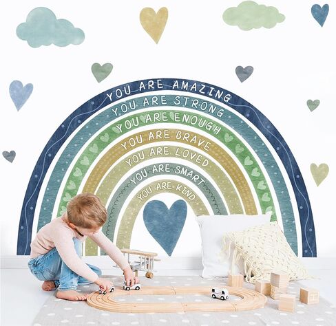 Large Rainbow Wall Stickers Kids Inspirational Wall Decal Peel and Stick Boho Rainbow Walls Decals for Baby Girls Bedroom Pastel I Am Motivational Art Mural for Nursery Playroom Decor 44.5"x73.4" in Saudi Arabia