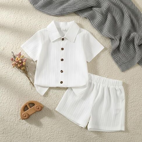 Toddler Boys 2 Piece Summer Outfit Set Textured Button Down Short Sleeve Shirt Collar T-Shirt and Elastic Waist Shorts in Saudi Arabia