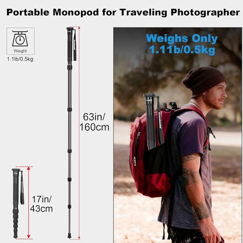 Koolehaoda Camera Monopod, 63" Aluminum Portable Travel Monopod Photography Stick with Phone Stand Walking Stick Handle for Canon, Nikon, Sony, Video Camcorder, DSLR, Easy to Carry in Saudi Arabia